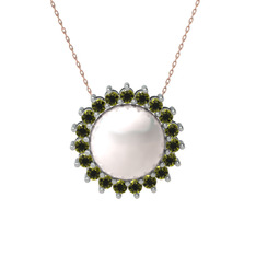 Inci ve peridot 8 ayar beyaz altın kolye (40 cm rose altın rolo zincir)