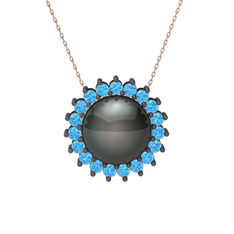 Gün Işığı İnci Kolye - Siyah inci ve akuamarin 925 ayar siyah rodyum kaplama gümüş kolye (40 cm rose altın rolo zincir) #1uh7t2f