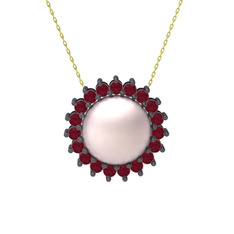 Gün Işığı İnci Kolye - Pembe inci ve kök yakut 925 ayar siyah rodyum kaplama gümüş kolye (40 cm altın rolo zincir) #1v5bj2h