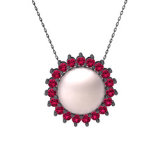 Gün Işığı İnci Kolye - Pembe inci ve rodolit garnet 925 ayar siyah rodyum kaplama gümüş kolye (40 cm gümüş rolo zincir) #1w0a98k
