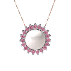 Gün Işığı İnci Kolye - Inci ve pembe kuvars 8 ayar beyaz altın kolye (40 cm rose altın rolo zincir) #1wlo3ks