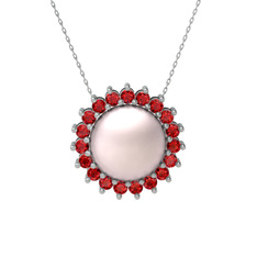 Gün Işığı İnci Kolye - Pembe inci ve garnet 8 ayar beyaz altın kolye (40 cm gümüş rolo zincir) #1wuuh0r