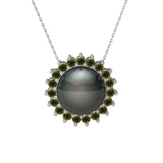 Gün Işığı İnci Kolye - Siyah inci ve peridot 18 ayar beyaz altın kolye (40 cm gümüş rolo zincir) #1wxo2wu