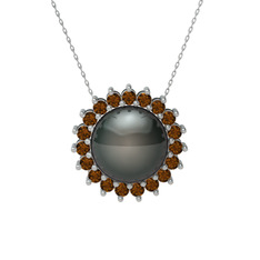 Siyah inci ve dumanlı kuvars 8 ayar beyaz altın kolye (40 cm beyaz altın rolo zincir)