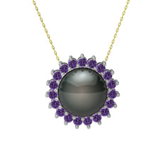 Gün Işığı İnci Kolye - Siyah inci ve ametist 14 ayar beyaz altın kolye (40 cm altın rolo zincir) #2aagrl