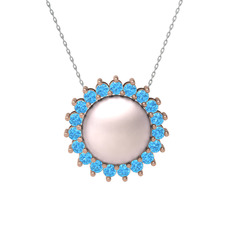 Gün Işığı İnci Kolye - Pembe inci ve akuamarin 8 ayar rose altın kolye (40 cm gümüş rolo zincir) #2b73aa