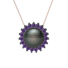 Gün Işığı İnci Kolye - Siyah inci ve ametist 925 ayar siyah rodyum kaplama gümüş kolye (40 cm rose altın rolo zincir) #332vgq