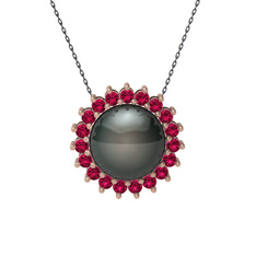 Gün Işığı İnci Kolye - Siyah inci ve rodolit garnet 925 ayar rose altın kaplama gümüş kolye (40 cm gümüş rolo zincir) #3caa09