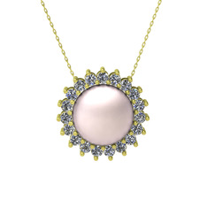 Gün Işığı İnci Kolye - Pembe inci ve pırlanta 8 ayar altın kolye (0.285 karat, 40 cm gümüş rolo zincir) #3en3d6