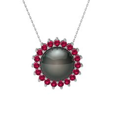 Gün Işığı İnci Kolye - Siyah inci ve rodolit garnet 8 ayar beyaz altın kolye (40 cm beyaz altın rolo zincir) #3s4s5f