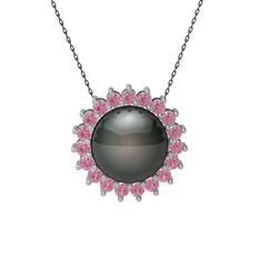 Gün Işığı İnci Kolye - Siyah inci ve pembe kuvars 18 ayar beyaz altın kolye (40 cm gümüş rolo zincir) #3uywnm