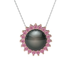 Gün Işığı İnci Kolye - Siyah inci ve pembe kuvars 18 ayar rose altın kolye (40 cm beyaz altın rolo zincir) #48jvgn