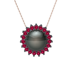 Siyah inci ve rodolit garnet 925 ayar siyah rodyum kaplama gümüş kolye (40 cm gümüş rolo zincir)