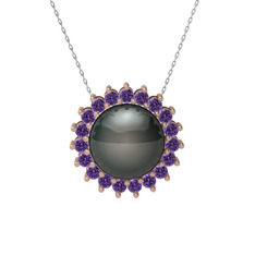 Gün Işığı İnci Kolye - Siyah inci ve ametist 925 ayar rose altın kaplama gümüş kolye (40 cm beyaz altın rolo zincir) #4jn8af