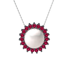 Gün Işığı İnci Kolye - Inci ve rodolit garnet 925 ayar siyah rodyum kaplama gümüş kolye (40 cm beyaz altın rolo zincir) #661r9d