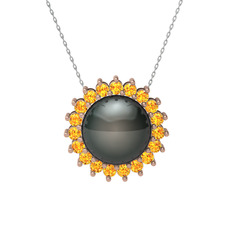 Gün Işığı İnci Kolye - Siyah inci ve sitrin 18 ayar rose altın kolye (40 cm beyaz altın rolo zincir) #6xmu62