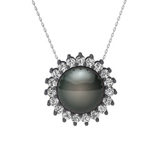 Gün Işığı İnci Kolye - Siyah inci ve swarovski 925 ayar siyah rodyum kaplama gümüş kolye (40 cm beyaz altın rolo zincir) #75z3bk