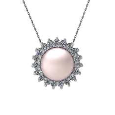 Gün Işığı İnci Kolye - Pembe inci ve pırlanta 8 ayar beyaz altın kolye (0.285 karat, 40 cm gümüş rolo zincir) #7ivsv3