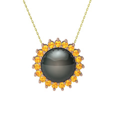 Gün Işığı İnci Kolye - Siyah inci ve sitrin 14 ayar rose altın kolye (40 cm altın rolo zincir) #83pj8j