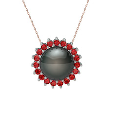 Siyah inci ve garnet 18 ayar beyaz altın kolye (40 cm rose altın rolo zincir)