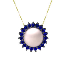 Gün Işığı İnci Kolye - Pembe inci ve lab safir 925 ayar siyah rodyum kaplama gümüş kolye (40 cm altın rolo zincir) #b83owi