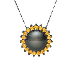 Gün Işığı İnci Kolye - Siyah inci ve sitrin 925 ayar siyah rodyum kaplama gümüş kolye (40 cm gümüş rolo zincir) #co5i7p