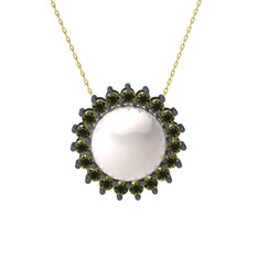 Gün Işığı İnci Kolye - Inci ve peridot 925 ayar siyah rodyum kaplama gümüş kolye (40 cm altın rolo zincir) #cru2oc