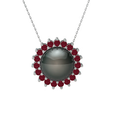 Gün Işığı İnci Kolye - Siyah inci ve kök yakut 18 ayar beyaz altın kolye (40 cm gümüş rolo zincir) #d956gi