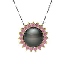 Gün Işığı İnci Kolye - Siyah inci ve pembe kuvars 14 ayar altın kolye (40 cm gümüş rolo zincir) #g66dyu