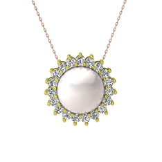 Gün Işığı İnci Kolye - Inci ve swarovski 8 ayar altın kolye (40 cm rose altın rolo zincir) #godck6