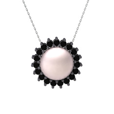 Gün Işığı İnci Kolye - Pembe inci ve siyah zirkon 925 ayar siyah rodyum kaplama gümüş kolye (40 cm beyaz altın rolo zincir) #h0ynzl