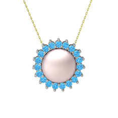Pembe inci ve akuamarin 18 ayar beyaz altın kolye (40 cm altın rolo zincir)