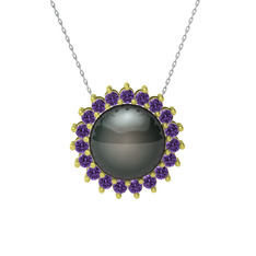 Gün Işığı İnci Kolye - Siyah inci ve ametist 18 ayar altın kolye (40 cm beyaz altın rolo zincir) #i3tfq1