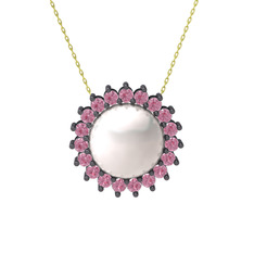 Gün Işığı İnci Kolye - Inci ve pembe kuvars 925 ayar siyah rodyum kaplama gümüş kolye (40 cm gümüş rolo zincir) #ihbqhm