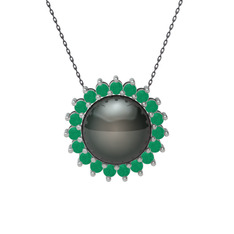 Gün Işığı İnci Kolye - Siyah inci ve kök zümrüt 8 ayar beyaz altın kolye (40 cm gümüş rolo zincir) #imgwol