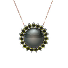 Gün Işığı İnci Kolye - Siyah inci ve peridot 14 ayar beyaz altın kolye (40 cm rose altın rolo zincir) #j3snkv