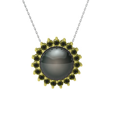 Gün Işığı İnci Kolye - Siyah inci ve peridot 14 ayar altın kolye (40 cm beyaz altın rolo zincir) #kk2uz3