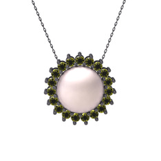 Gün Işığı İnci Kolye - Pembe inci ve peridot 925 ayar siyah rodyum kaplama gümüş kolye (40 cm gümüş rolo zincir) #mcrm8a