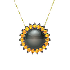 Gün Işığı İnci Kolye - Siyah inci ve sitrin 925 ayar siyah rodyum kaplama gümüş kolye (40 cm altın rolo zincir) #nflu9v