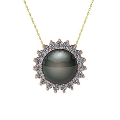 Siyah inci ve pırlanta 925 ayar rose altın kaplama gümüş kolye (0.285 karat, 40 cm altın rolo zincir)