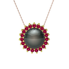 Siyah inci ve rodolit garnet 14 ayar altın kolye (40 cm rose altın rolo zincir)