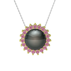 Gün Işığı İnci Kolye - Siyah inci ve pembe kuvars 14 ayar altın kolye (40 cm beyaz altın rolo zincir) #p1iqtf