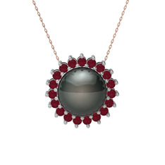 Gün Işığı İnci Kolye - Siyah inci ve kök yakut 8 ayar beyaz altın kolye (40 cm rose altın rolo zincir) #pswssd