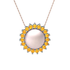 Gün Işığı İnci Kolye - Pembe inci ve sitrin 18 ayar beyaz altın kolye (40 cm rose altın rolo zincir) #pzvp99