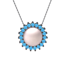 Gün Işığı İnci Kolye - Pembe inci ve akuamarin 925 ayar siyah rodyum kaplama gümüş kolye (40 cm gümüş rolo zincir) #sv8a8x