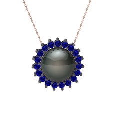 Gün Işığı İnci Kolye - Siyah inci ve lab safir 925 ayar siyah rodyum kaplama gümüş kolye (40 cm rose altın rolo zincir) #t78uk9