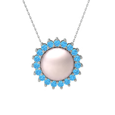 Pembe inci ve akuamarin 925 ayar gümüş kolye (40 cm beyaz altın rolo zincir)