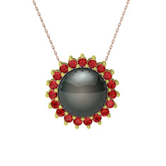 Gün Işığı İnci Kolye - Siyah inci ve garnet 925 ayar altın kaplama gümüş kolye (40 cm rose altın rolo zincir) #tt7pnl
