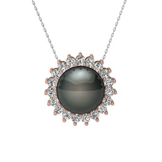 Siyah inci ve swarovski 18 ayar rose altın kolye (40 cm gümüş rolo zincir)