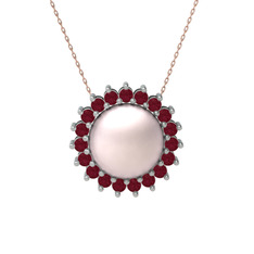 Gün Işığı İnci Kolye - Pembe inci ve kök yakut 8 ayar beyaz altın kolye (40 cm rose altın rolo zincir) #u380ao